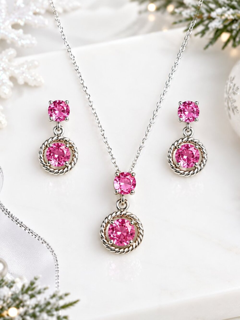 Pink Topaz Sterling Silver Necklace Earring set 🆕